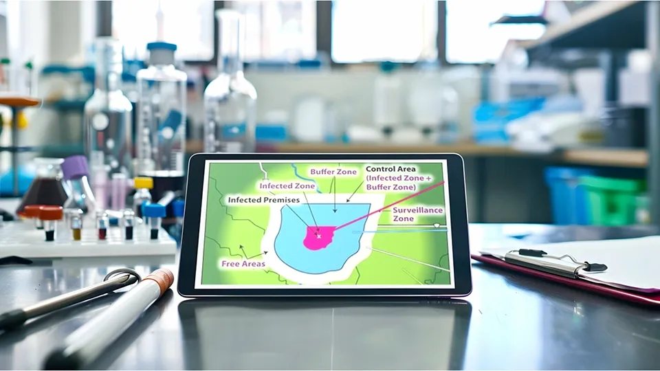 tablet on a table in a lab showing a control area map graphic onscreen