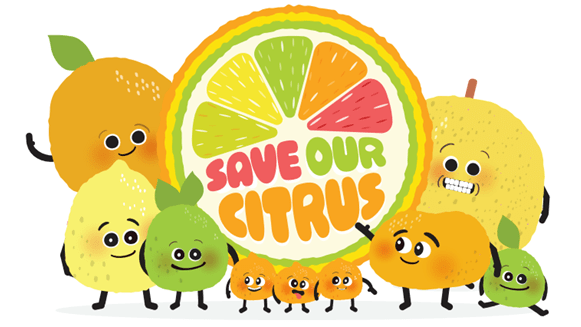 illustration of citrus fruit characters smiling and holding up a fruit with the words "Save Our Citrus" on it