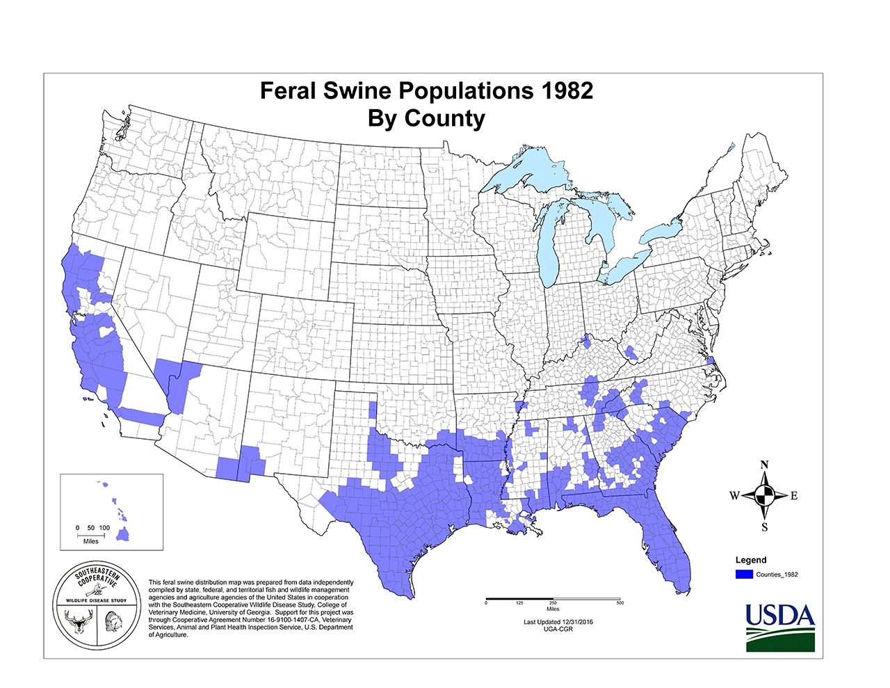 US map showing areas where feral swine are present