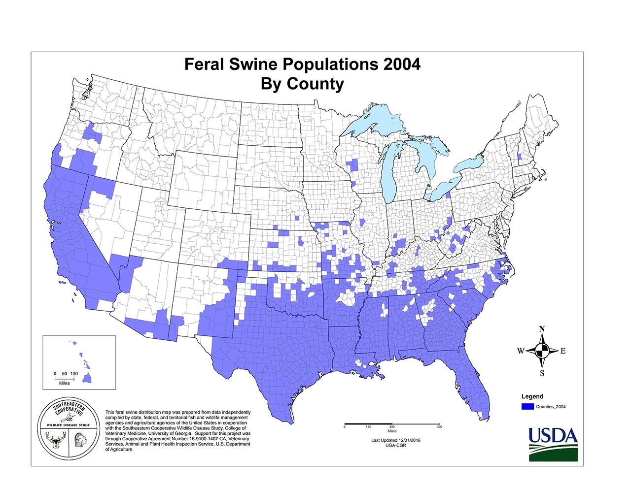 US map highlighting areas where feral swine are present