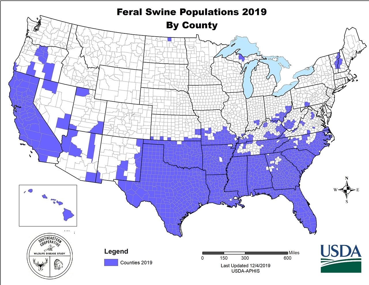 US map depicting the locations where feral swine are present