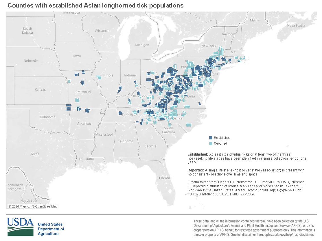 Map - Counties with established Asian longhorned tick populations