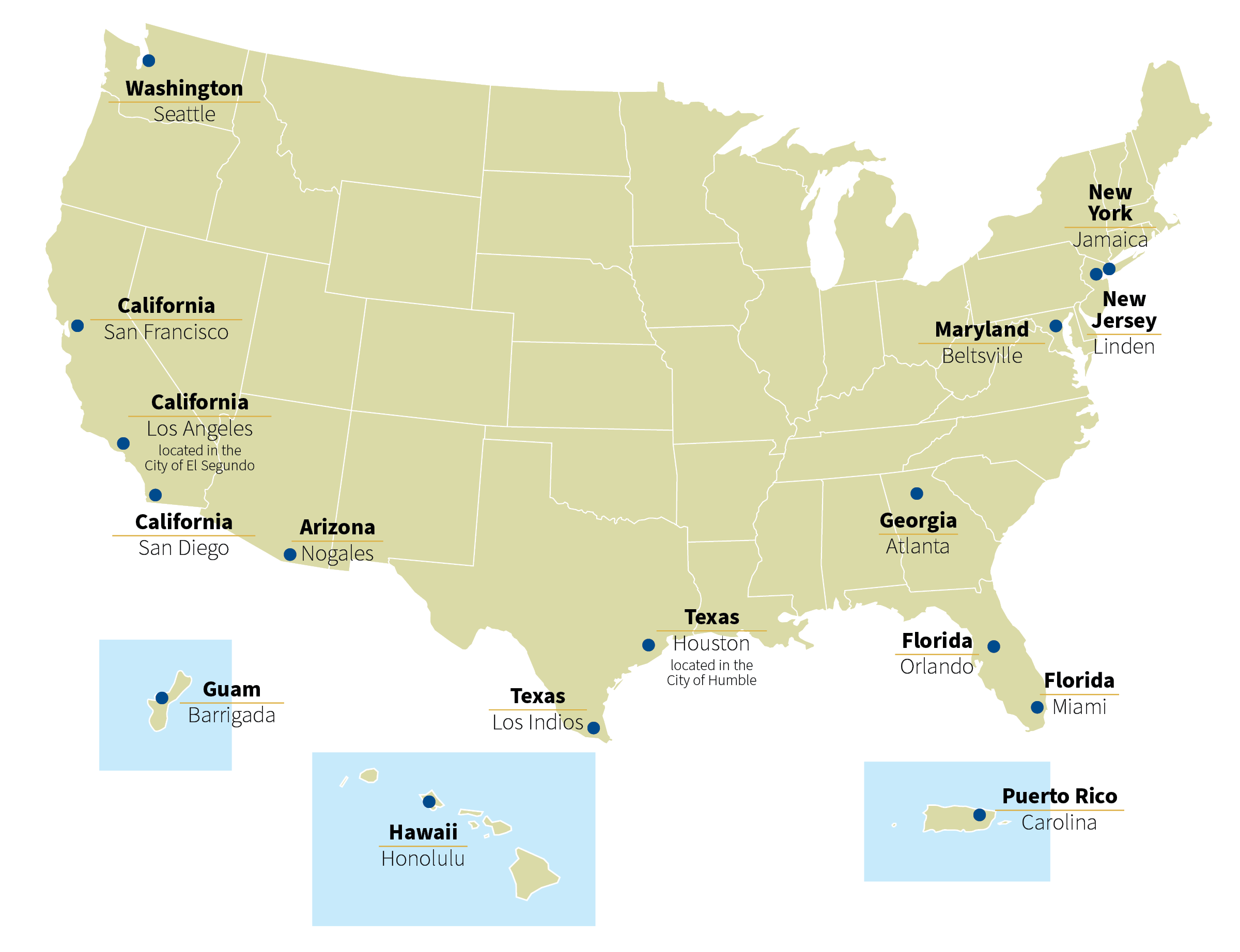U.S. map showing the locations of APHIS' 16 plant inspection stations.