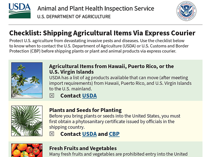 Checklist infographic for shipping agricultural items via express courier.