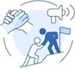 Icon illustration of a leader lending a hand to help an employee reach an uphill goal.