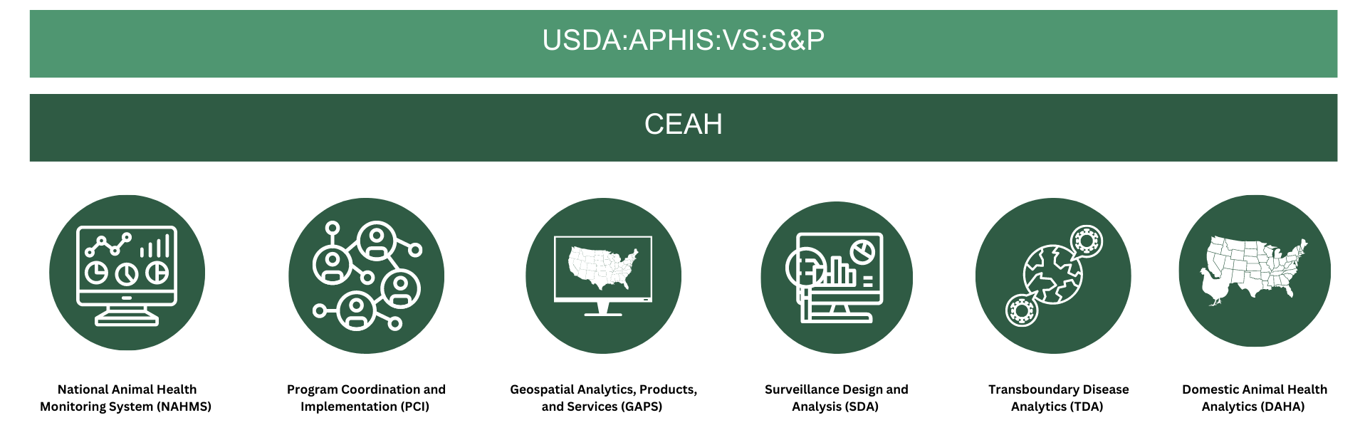 CEAH Organization organizational chart showing the names of the units and teams within the Center for Epidemiology and Animal Health