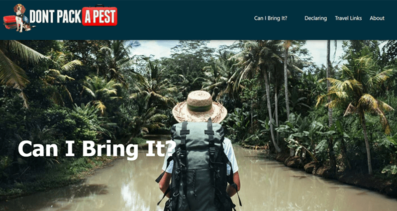 Screenshot of the Don't Pack a Pest website Screenshot of the Don't Pack a Pest website