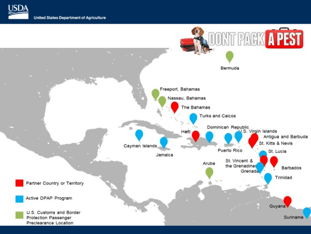 Dont Pack a Pest Map Map of partner country or territory, DPAP program, and U.S. Customs and Border Protection Passenger Preclearance Location