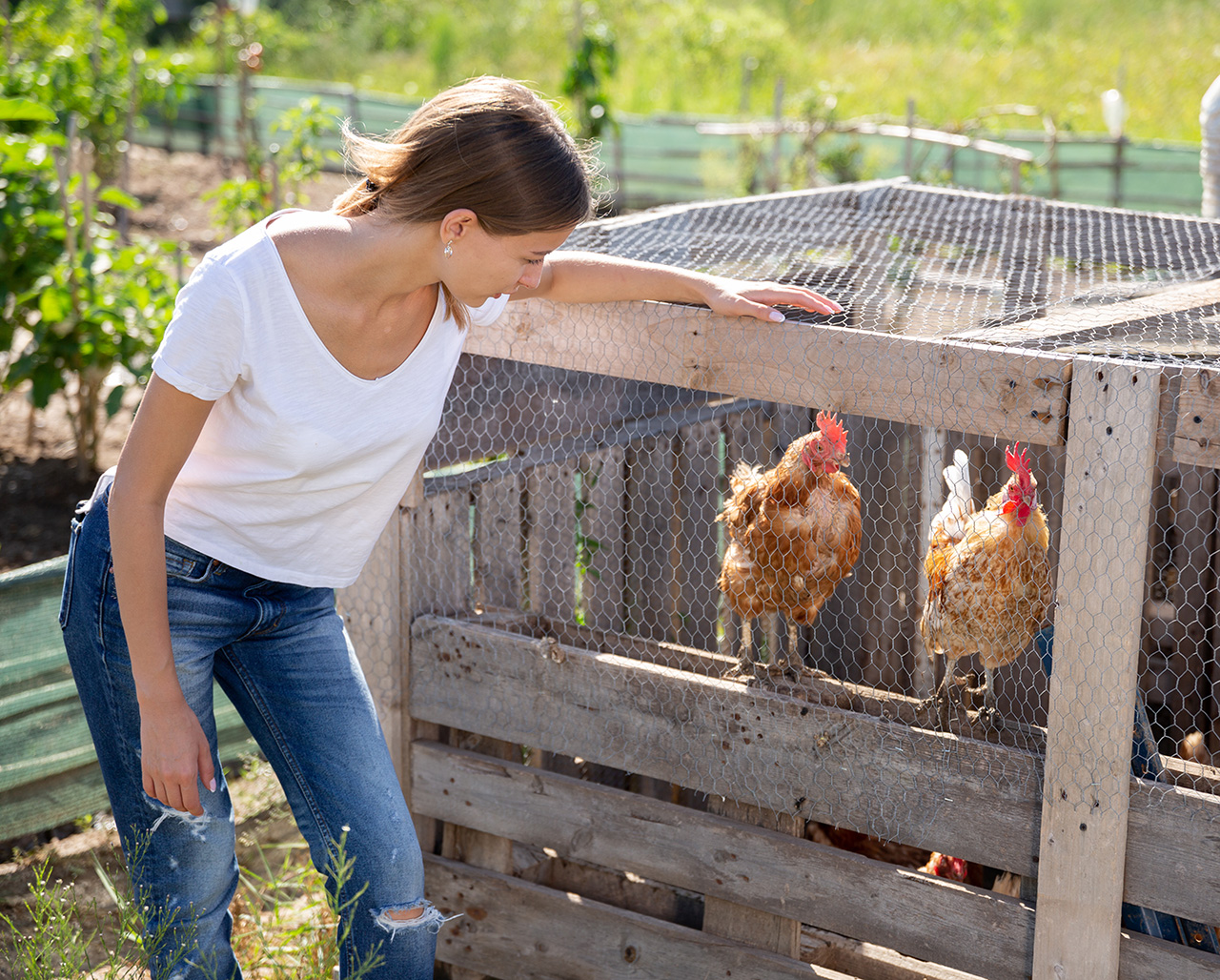 woman standing next to a chicken coop